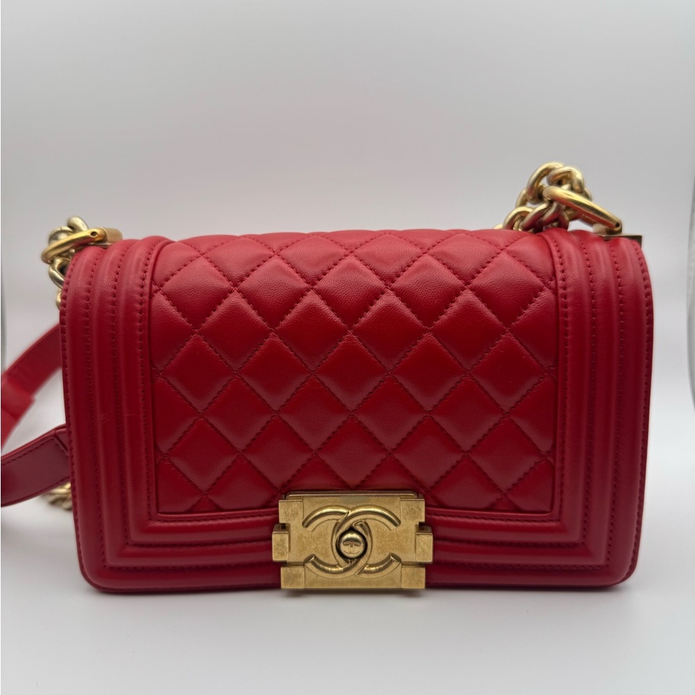 Authentic Chanel Quilted Red Leather Boy Bag with Gold Hardware Small Size
